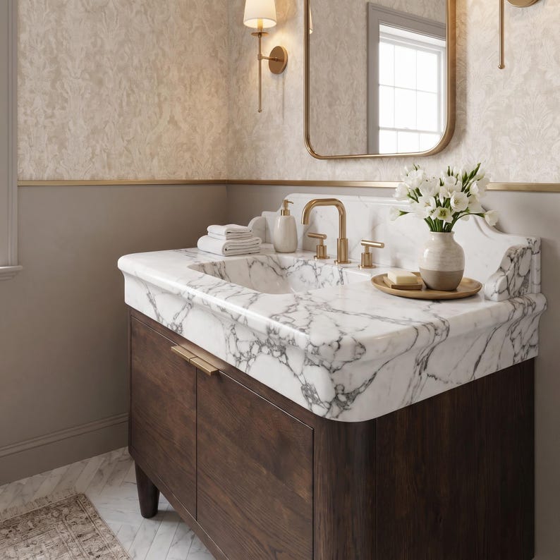 Angled view of a custom Calacatta marble bathroom vanity with an integrated sink, dramatic white marble, bold gray veining, brushed brass hardware, and a handcrafted dark oak cabinet. Elegant natural stone vanity for luxury bathroom designs.
