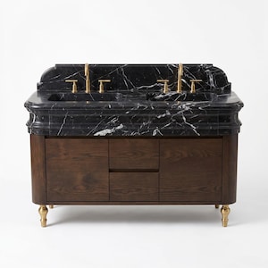 Luxury Nero Marquina double bathroom vanity crafted from premium black marble with dramatic white veining, featuring two integrated rectangular sinks, sculpted ogee edge detailing, matching backsplash, brushed brass faucets, and a rich dark walnut floating-style cabinet with soft rounded corners for elegant master bathrooms.