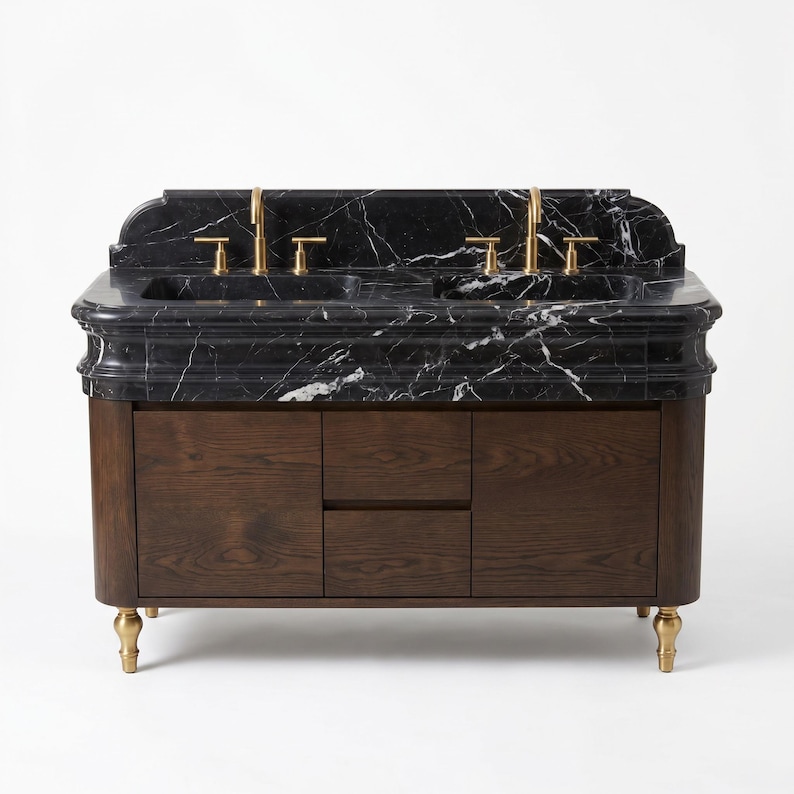 Luxury Nero Marquina double bathroom vanity crafted from premium black marble with dramatic white veining, featuring two integrated rectangular sinks, sculpted ogee edge detailing, matching backsplash, brushed brass faucets, and a rich dark walnut floating-style cabinet with soft rounded corners for elegant master bathrooms.