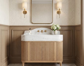 Luxury White Oak Wood Bathroom Vanity with Fluted Cabinet & Calacatta Marble Sink | Custom Handmade Natural Stone Vanity
