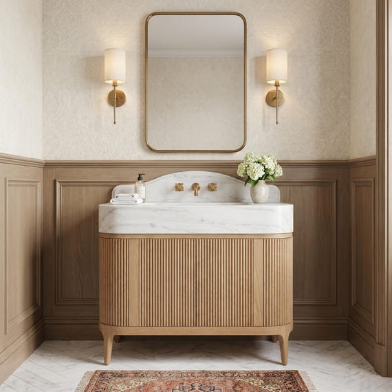 Luxury White Oak Wood Bathroom Vanity with Fluted Cabinet & Calacatta Marble Sink | Custom Handmade Natural Stone Vanity