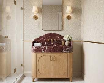 Handcrafted white oak bathroom vanity with Rosso Levanto marble sink | Natural stone  sink, modern powder room decor, custom wood cabinet