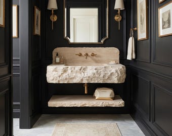 Natural Travertine Wall Hung Sink, Floating Stone Bathroom Vanity with Shelf, Handmade Luxury Powder Room Basin, Rustic Stone Sink