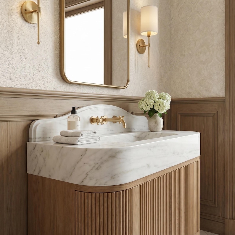 Side perspective of a handcrafted Carrara marble bathroom vanity with an integrated marble sink, rounded waterfall edges, sculpted backsplash, brushed brass fixtures, and fluted natural oak cabinetry. Genuine white marble with soft gray veining creates a refined centerpiece suited for modern, classic, and transitional bathroom designs.