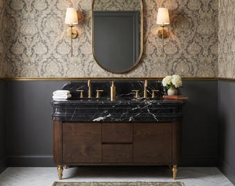 Walnut Wood Double Bathroom Vanity with Calacatta Marble Sink | Custom Luxury Handmade Double Sink Natural Stone Vanity