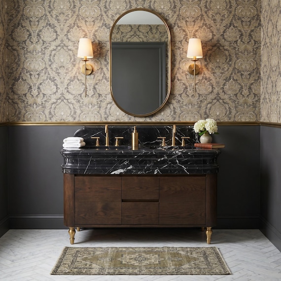 Walnut Wood Double Bathroom Vanity with Calacatta Marble Sink | Custom Luxury Handmade Double Sink Natural Stone Vanity