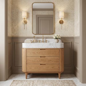 May include: A bathroom vanity featuring a light oak wood cabinet with three horizontal drawers, topped with a white marble countertop and a brass faucet. Above the vanity is a rectangular mirror with a brass frame and two wall-mounted sconces.