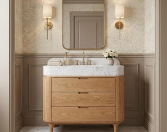 Solid White Oak Wood Bathroom Vanity with Carrara White Marble Sink | Luxury Custom Handmade Modern Single Sink Natural Stone Vanity