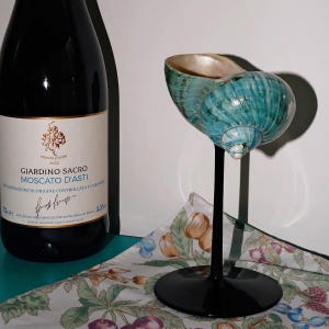 Emerald Green Seashell Goblet, Black Stem Shell Chalice, Unique Barware Art Decor