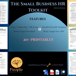 May include: The Small Business HR Toolkit 2026 Edition features over 20 printable templates including hiring, onboarding, and HR forms. The digital download includes Word, Google Docs, and PDF files, with document icons and a People & Profit Co. logo.