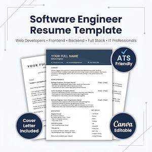 Software Engineer Resume Template, ATS Friendly Developer CV, Canva Editable Tech Pack (Digital Download)