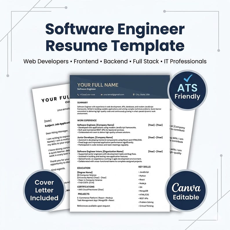 Software Engineer Resume Template, ATS Friendly Developer CV, Canva ...