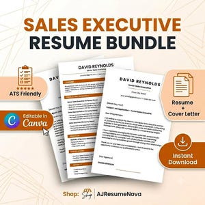 Puede incluir: Un paquete de currículum para ejecutivo de ventas que incluye varias plantillas de documentos con texto negro sobre papel blanco. El diseño incluye secciones para experiencia profesional, educación y habilidades, con etiquetas para ATS Friendly, Editable in Canva, Resume + Cover Letter y Instant Download.