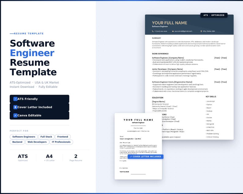 Software Engineer Resume Template, ATS Friendly Developer CV, Canva ...
