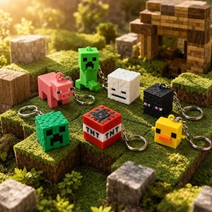 Pode incluir: Uma coleção de sete chaveiros de personagens pixelados, incluindo um porco rosa, um creeper verde, um esqueleto branco, um enderman preto, uma galinha amarela e um bloco de TNT vermelho, todos presos a argolas de metal prateado.