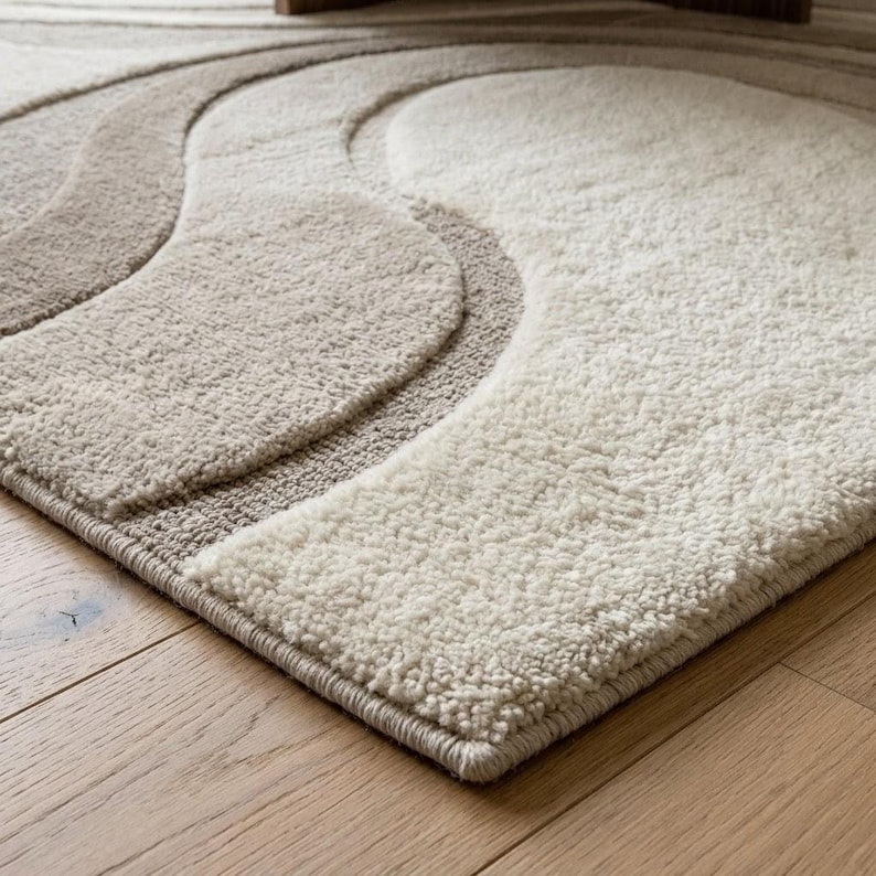Corner view of a rectangular cream and beige abstract wave area rug showing the clean finished edge, layered organic curves, dimensional surface and sophisticated neutral color palette.