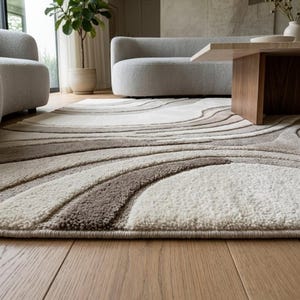 Premium low angle detail of a cream and beige abstract wave rug, showcasing its sculpted organic curves, plush textured pile, dimensional high-low surface and refined finished edge in a modern luxury interior.