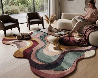 Luxury Irregular Wavy Wool Rug Organic Modern Abstract Burgundy Teal Hand Tufted 3D Sculpted Plush Living Room Art Custom Size 8x10 9x12