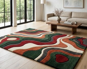 Abstract Hand Tufted Rug, Modern Organic Wavy Area Rug, Luxury Geometric Carpet, Green Red Rust Cream Living Room Decor