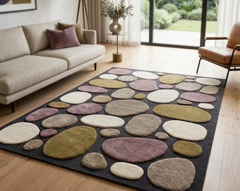 Modern Abstract Area Rug, Cream Beige Pink Olive Geometric Rug, Organic Contemporary Living Room Rug, Hand Tufted Wool Carpet,8×10, 9×12