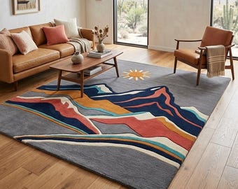 Abstract Geometric Area Rug, Modern Hand Tufted Wool Rug, Gray Statement Rug, Mid Century Modern Living Room Rug, soutwestern8×10,9×12,12×15