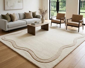 Organic Modern Area Rug, Hand Tufted Wavy Textured Wool Carpet, Minimalist Japandi Decor For Living Room, Plush Cream Custom Size 8x10 Rug