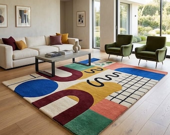 Bauhaus Geometric Wool Rug Mid Century Modern Colorful Abstract Hand Tufted Statement Floor Art Plush Living Room Custom Size 8x10 9x12
