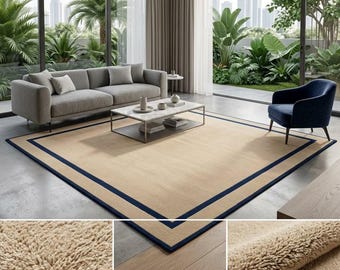 Hand Tufted Wool Rug, Beige Navy Border Area Rug, Modern Minimalist Living Room Rug, Contemporary Neutral Carpet 8×10, 9×12, 10×14