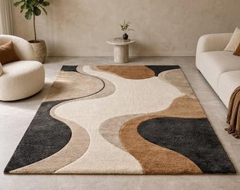 Modern Abstract Wool Rug, Beige Black Brown Cream Geometric Area Rug, Contemporary Handmade Carpet, Luxury Neutral Home Decor, Custom Size