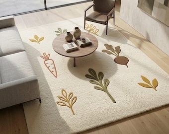 Luxury 3D Sculpted Botanical Wool Rug Organic Modern Cream Earthy Leaf Hand Tufted Plush Comfort Living Room Decor Custom Sizes 8x10 9x12