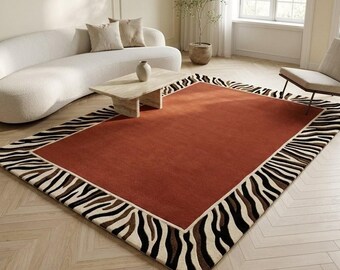 Zebra Border Area Rug, Terracotta Rust Rug, Black Ivory Animal Print Rug, Modern Luxury Living Room Carpet, 8×10, 9×12, 10×14, 12×15