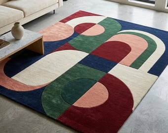 Bauhaus Geometric Wool Rug Mid Century Modern Colorful Abstract Hand Tufted Plush Floor Art Navy Red Green Statement Custom Size 8x10 9x12