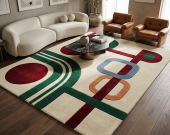Bauhaus Geometric Wool Rug Mid Century Modern Hand Tufted Cream Green Red Abstract Art Plush Statement Custom Sized Area Rugs 8x10 9x12