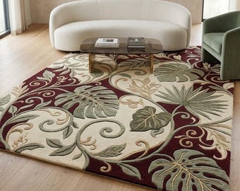 Floral Hand Tufted Wool Rug, Luxury Botanical Area Rug,Burgundy Green Leaf Carpet,Vintage Botanical Decor,Handmade Statement Rug,8×10, 9×12