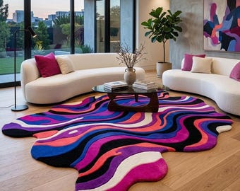 Irregular Abstract Area Rug, Organic Shape Hand Tufted Wool Rug, Wavy Colorful Statement Rug, Modern Contemporary Designer Living Room Decor