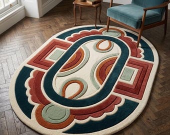 Round Geometric Area Rug, Abstract Hand Tufted Wool Rug, Modern Art Deco Statement Rug, Colorful Contemporary Living Room Rug, Designer