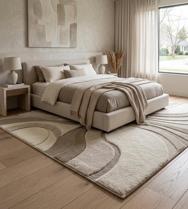 Modern cream and beige abstract wave area rug styled in a calm contemporary bedroom with neutral bedding, natural wood furniture, soft textiles and minimalist Japandi-inspired décor.