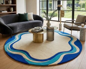 Round Blue Wavy Wool Rug Organic Modern Abstract Hand Tufted 3D Sculpted Floor Art Plush Luxury Living Room Decor Custom Size 6x6 8x8