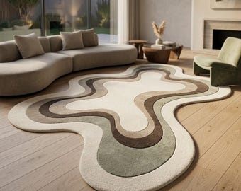 Luxury Irregular Shaped Wool Rug Organic Modern Wavy Abstract Cream Green 3D Sculpted Plush Statement Decor Custom Size Area Rugs 8x10
