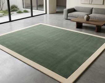 Sage Green Area Rug, Cream Border Rug, Modern Minimalist Area Rug, Contemporary Wool Carpet, Neutral Green Living Room Rug, 8×10, 9×12,