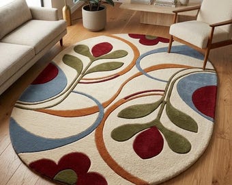 Round Abstract Floral Area Rug, Blue Green Burgundy Rug, Hand Tufted Wool Carpet, Modern Botanical Mid Century Living Room, 10×14, 12×15