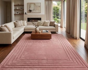 Hand Tufted Wool Rug, Dusty Rose Pink Area Rug, Modern Geometric Border Rug, Minimalist Living Room Carpet, 8×10,9×12,12×15