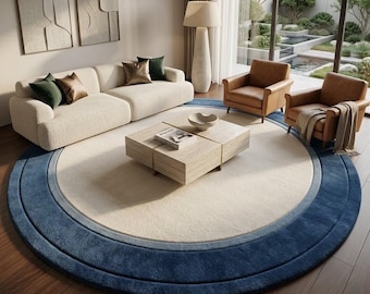 Luxury Round Blue Wool Rug Mid Century Modern 3D Sculpted Cream Center Hand Tufted Plush Minimalist Area Rugs Custom Size 6x6 8x8 10x10