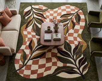 Wavy Checkerboard Botanical Wool Rug 3D Sculpted Forest Green Terracotta Hand Tufted Floor Art Luxury Living Room Custom Sizes 8x10 9x12