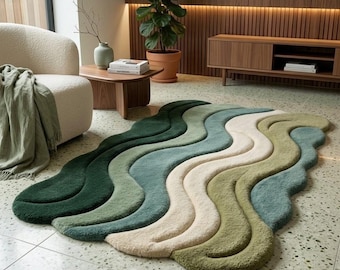 Organic Wave Area Rug, Irregular Abstract Rug, Modern Hand Tufted Wool Rug, Sage Green Blue Cream Wavy Statement Rug Living Room Decor