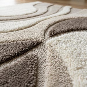 Close-up detail of a cream and beige hand tufted wave rug showing the soft textured surface, sculpted raised curves, subtle high-low pile and natural neutral wool texture.
