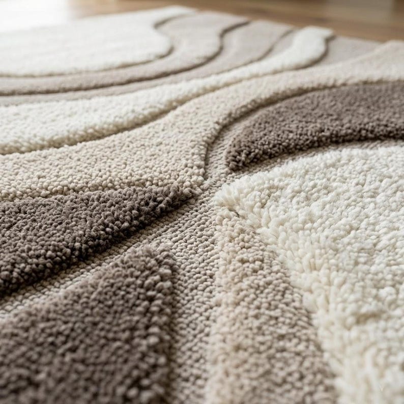 Close-up detail of a cream and beige hand tufted wave rug showing the soft textured surface, sculpted raised curves, subtle high-low pile and natural neutral wool texture.