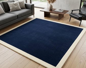Hand Tufted Wool Rug, Navy Blue Cream Border Area Rug, Modern Minimalist Living Room Carpet, Contemporary Neutral Home Decor, 10×14, 12×15