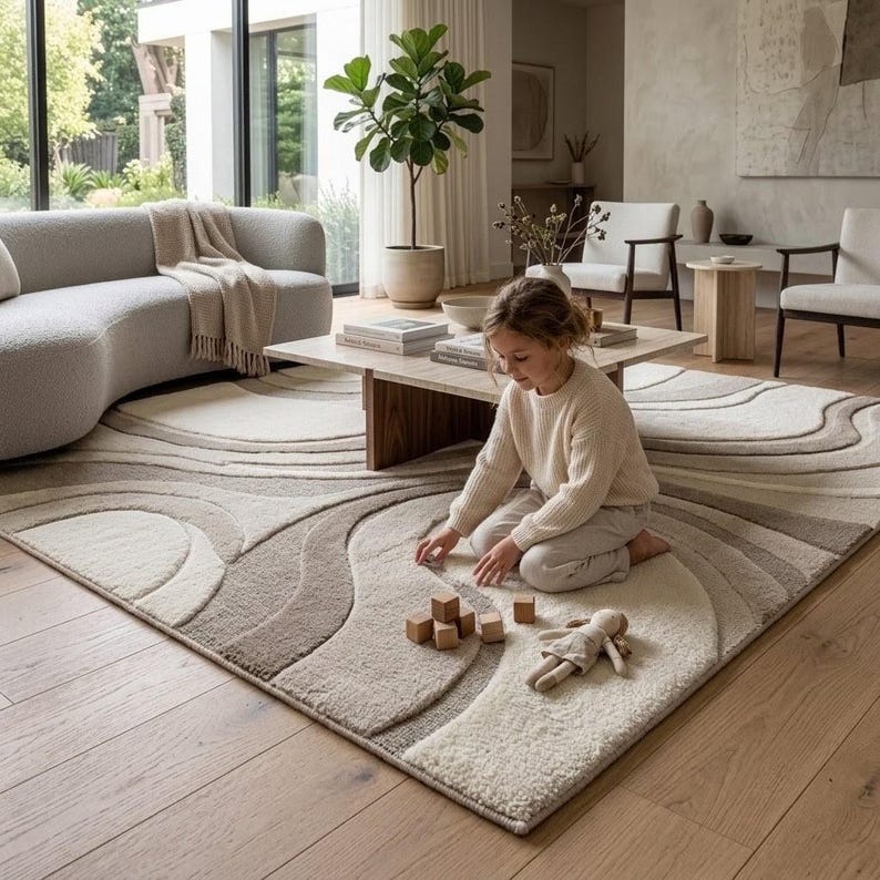Cream and beige organic wave area rug styled in a luxury modern living room with a curved cream sofa, walnut coffee table, neutral lounge chairs, indoor greenery and warm natural wood flooring.