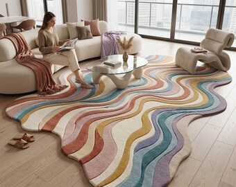 Luxury Irregular Wavy Wool Rug Pastel Colorful 3D Sculpted Postmodern Hand Tufted Plush Living Room Statement Custom Size Area Rugs 8x10